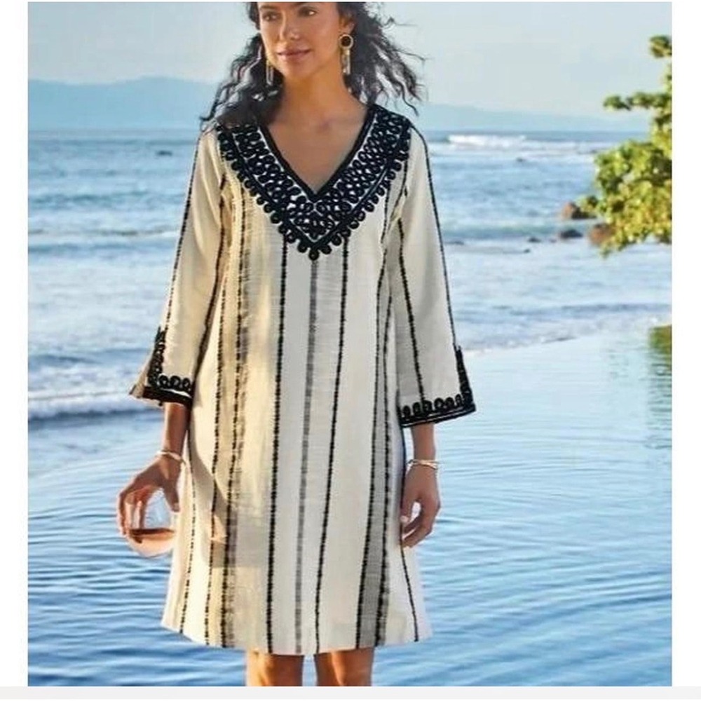 Soft Surroundings Coco De Mers Dress XL Cream Black Boho Embroidered hippie